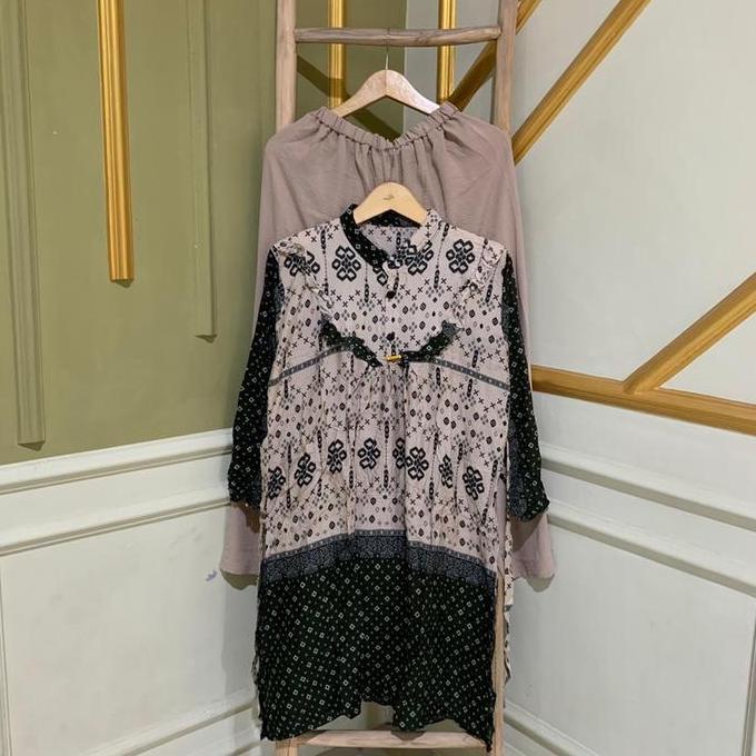 Iyakirim- Koleksi Set Tunik,Tunik Motif Muslim Lengan Panjang Wanita  Busui Kancing Rayon Crinkle By
