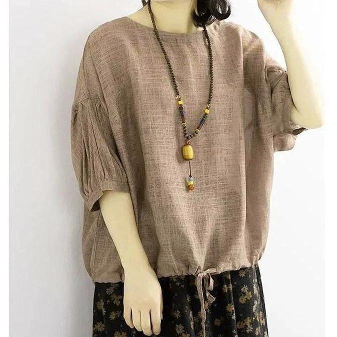 Iyakirim- Blouse Wanita Serut Bawah Bahan Polo Linen Kekinian Atasan Cewek Casual Panjang Top Kemeja