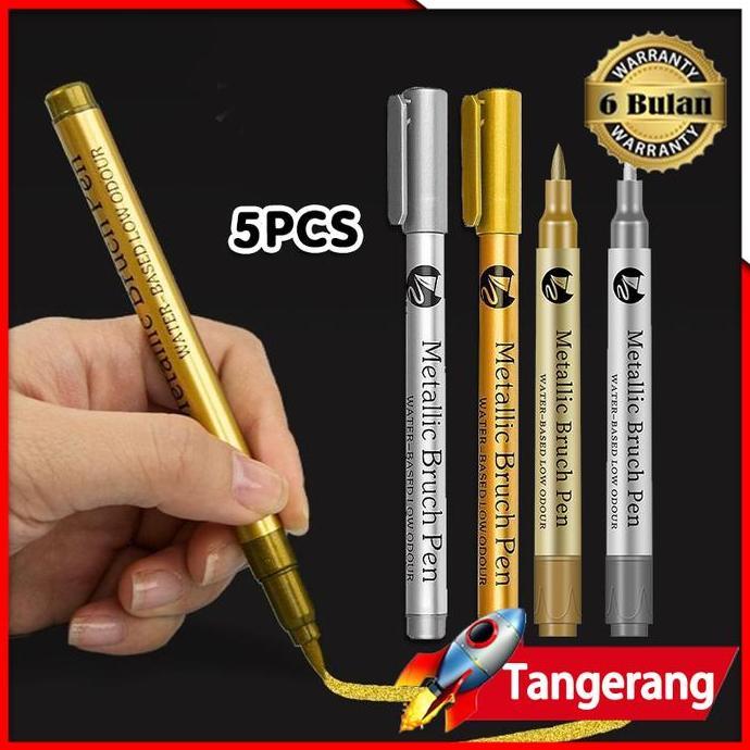 KAULANO 5pcs Spidol Emas Dan Silver Pulpen Tinta Emas Perak Marker Gold Silver