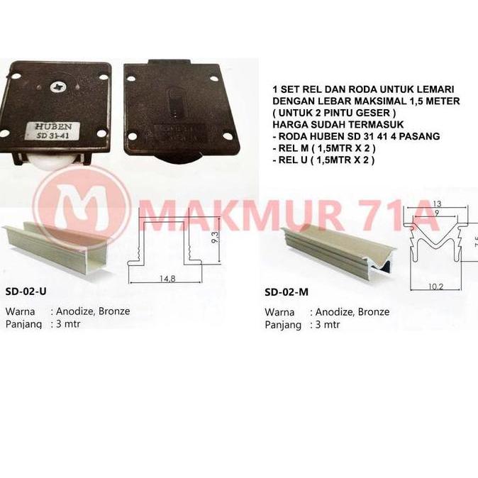 Set Rel dan Roda Lemari sliding untuk 2 Daun pintu / Lemari Geser 3141