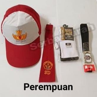 topi set sekolah anak perempuan dasi sabuk kaos kaki topi