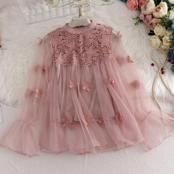 2 potong kemeja + rompi Korea longgar 3D tiga dimensi bunga renda atasan lengan panjang TF