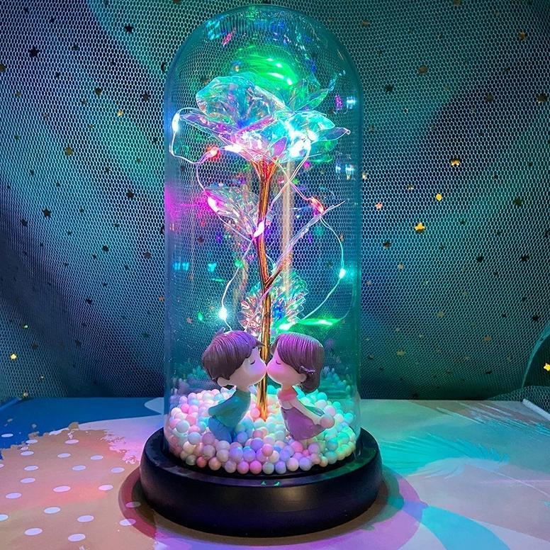 h-4 Lampu LED Bunga Mawar Dekorasi Kado Valentine Hiasan, Rose In Glass Dome,Rose Lamp Led Light Ori
