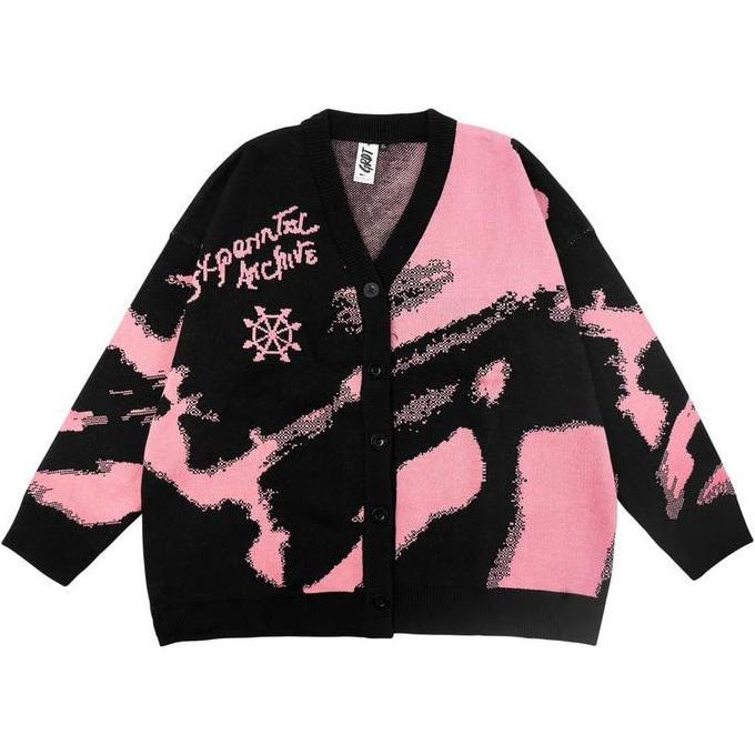 GRDT - Experimental Knit Cardigan Black Pink Panjang Knitwear Pria Sweater Kerah Motif Hitam Jaket A