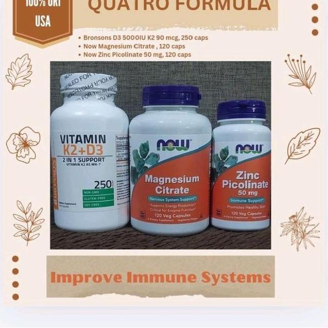 Quatro Formula D3K2 Bronson 250, Magnesium Citrate Now, Zinc Picolinate Now