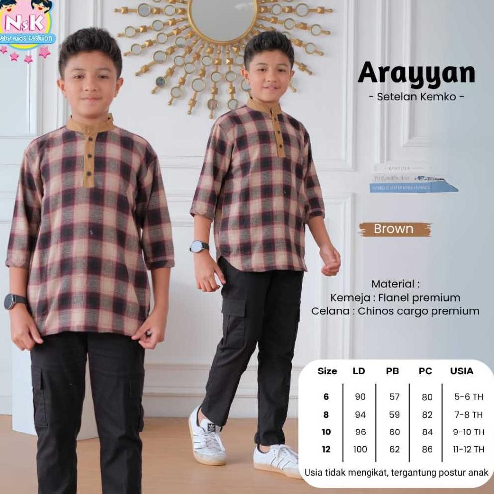 Arrayan Set Kemko Baju Lebaran Anak Laki-laki Setelan Kemeja Koko Flanel & Celana Terbaru NSK Murah