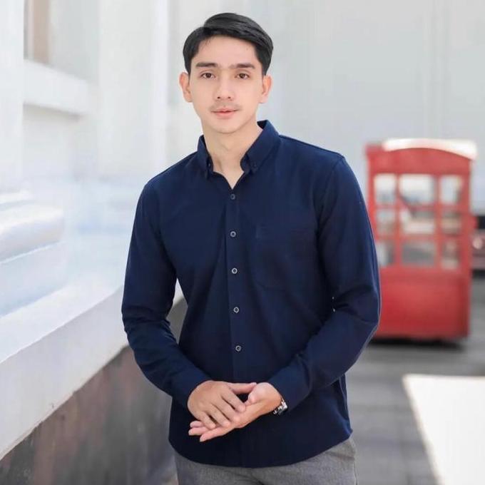 Lansungkirim- Aljosa Kemeja Pria Polos Navy Biru Dongker Lengan Panjang Kerja Kantor Slimfit Baju Co