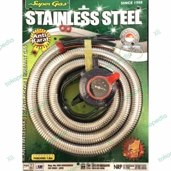 TERMURAH - SUPER GAS Paket Regulator Meter + Selang Gas LPG 1,8 M Stainless Steel