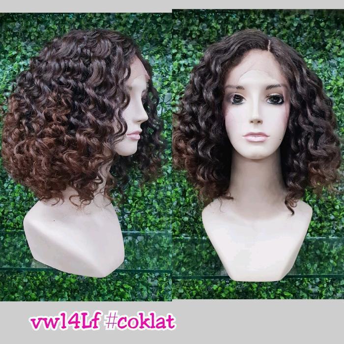 Wig Front Lace Rambut Palsu Dewasa Pendek 35 Cm Keriting Vw 14 Lf Hitam Fiber Nyaman Dipakai Dengan 