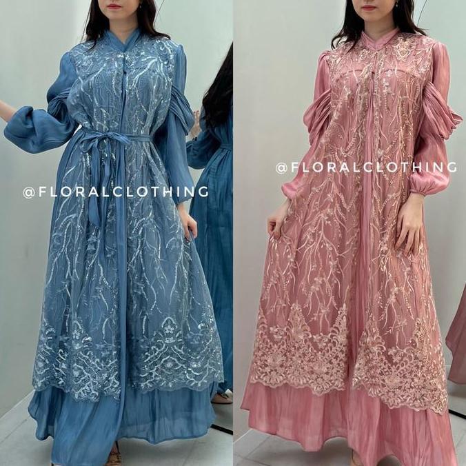 F519 Dress Gamis Kondangan Korean Style / Gamis Pesta / Gamis Syari Bunga Bunga Bunga Bunga