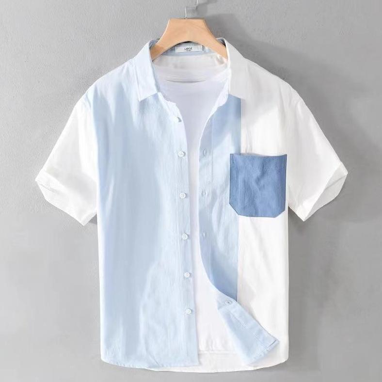 DISKON KEMEJA PRIA LENGAN PENDEK JUMBO COWOK HAWAIIAN MOTIF ABSTRAK PUTIH BIRU CASUAL HAWAI SHIRT FA