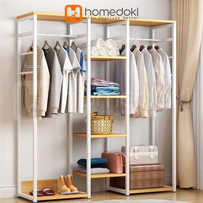 Homedoki Rak Baju Gantung Stand Hanger Rak Baju Rak Pakaian Rak Gantung Baju Kayu Besi