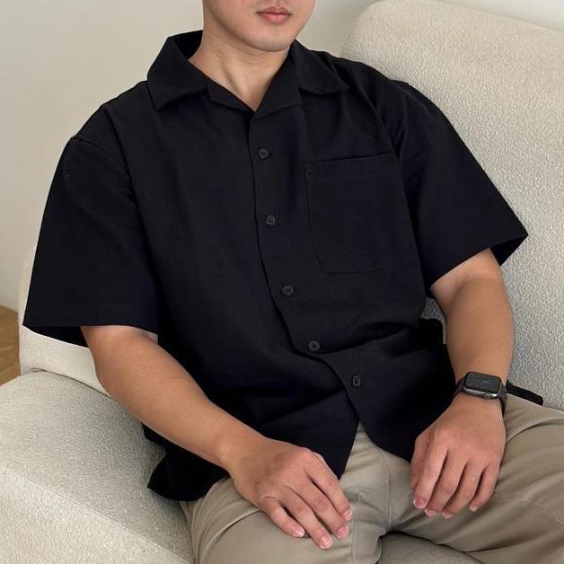 COZYCLUB CUBAN BOWLING Shirt Linen Kemeja Bowling Kerah Terbuka Lengan dek Baju Dark Grey Panjang