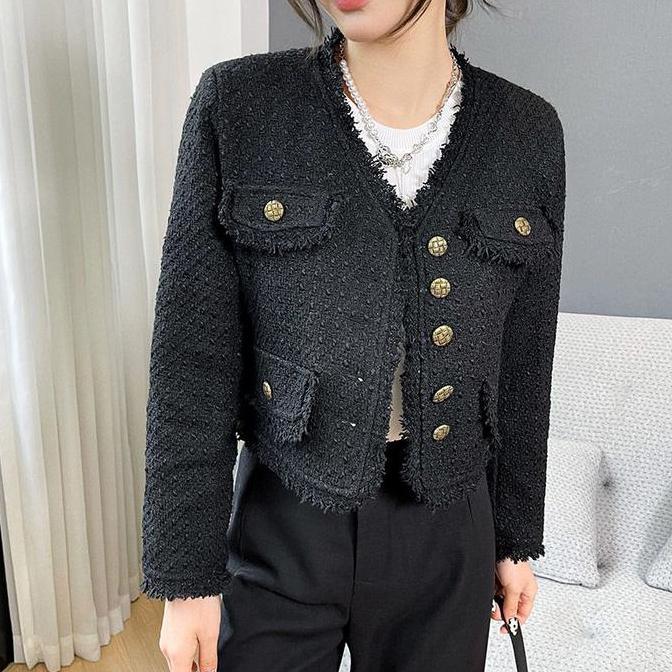 5816 Baju Outer Crop Hitam Wanita Kekinian Panjang Kondangan Mewah Cardigan Blazer Korean Style Beac