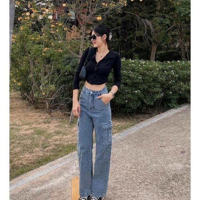 Willply Kulot Cargo Jeans // Celana Cargo Wanita Jeans Panjang Tebal Hitam Cewek Denim Dewasa High W