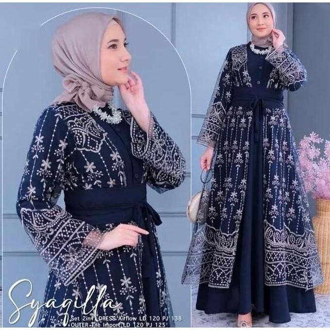 Murah SAQILA DRESS GAMIS BRUKAT SET OUTER CERUTY BABYDOLL FREE BELT GAMIS PUTIH LEBARAN MEWAH DRESS 