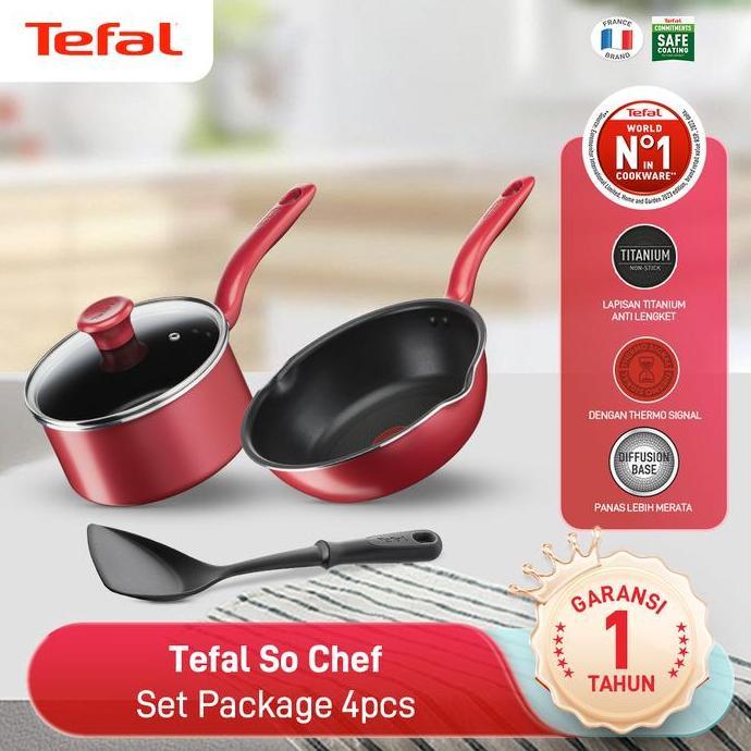 Tefal Cookware Set Induksi Wajan Anti Lengket - So Chef Red 4 pcs
