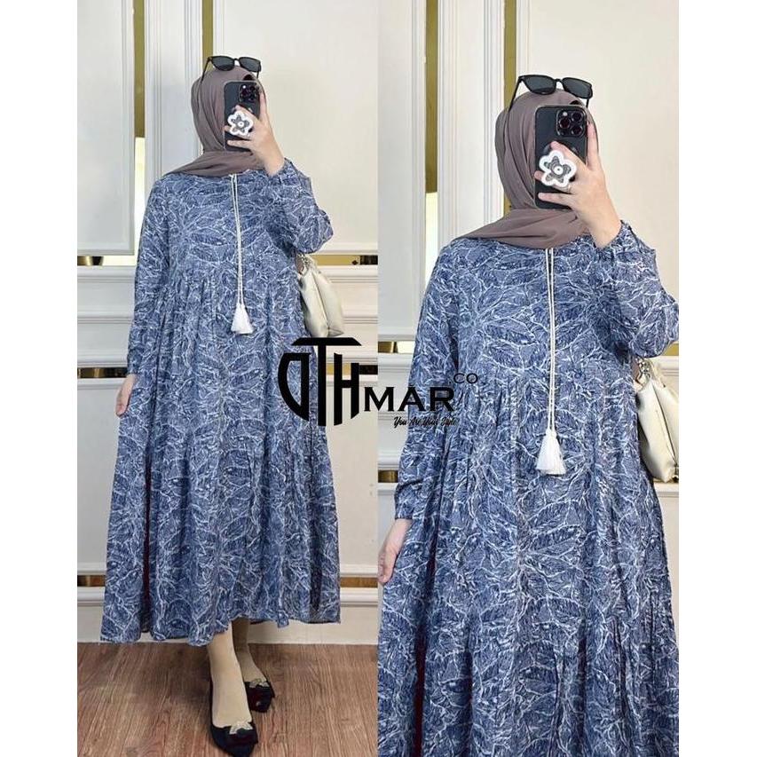 Flora Midi Dress Wanita Dewasa Rayon Motif Premium Bunga Katun Muslim Bunga Cokelat Hitam Panjang Ga