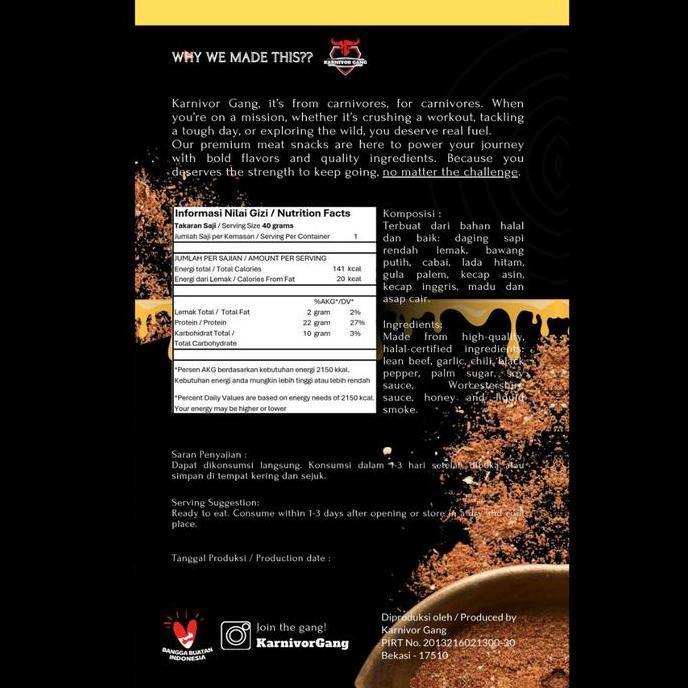 Beef Jerky Manis Honey Glaze Snack Dendeng High Protein halal Karnivor Gang GM