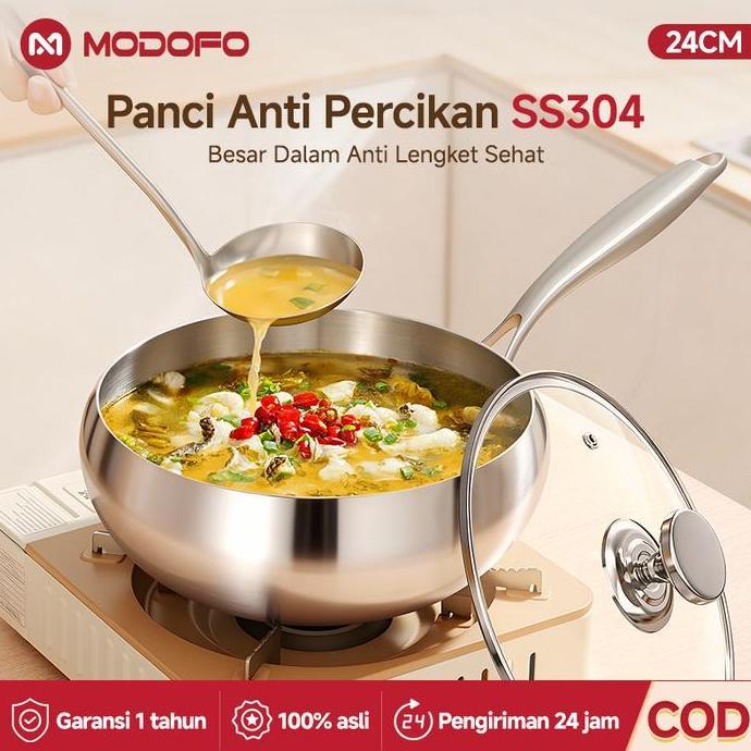 MODOFO Panci Stainless Steel Wajan Stainless Steel Anti Lengket 24cm Wajan Penggorengan Anti Lengket