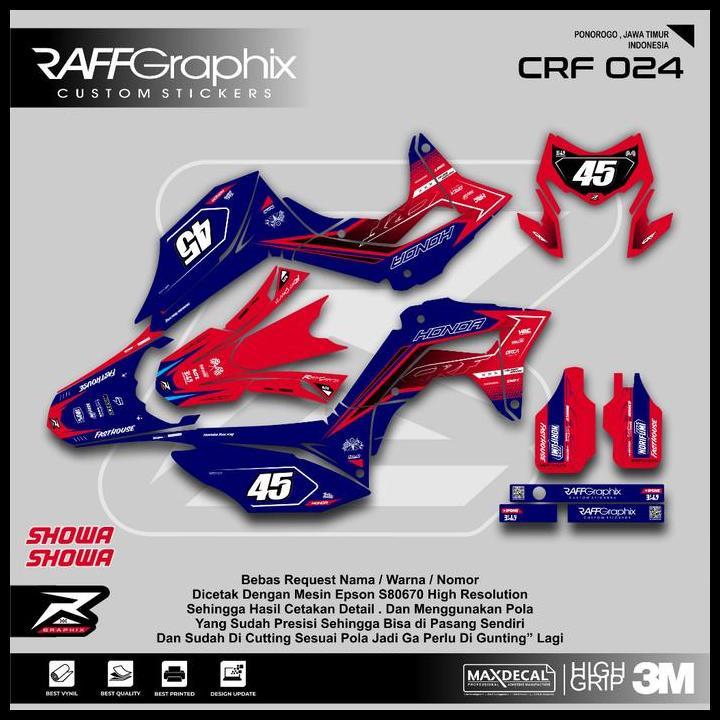 DISKON (PREMIUM) DECAL CRF 150 BIRU MERAH PUTIH 024 FREE COSTUM NAMA NOMER 