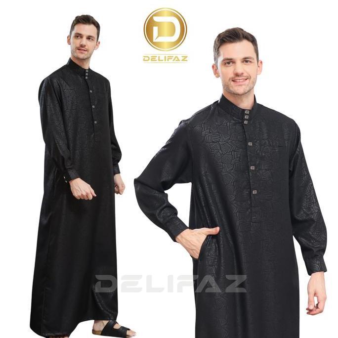 BELI DELIFAZ Jubah Emirat Gamis Pria Dewasa Lengan Panjang Manset Thobe Arab Kain Embos Super Adem N