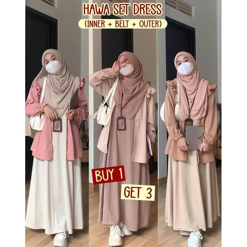 (LS) ArunaOutfit - Hawa Outer / Set Dress Wanita Muslim Panjang Scuba Baju Inner Outer & Belt Setela