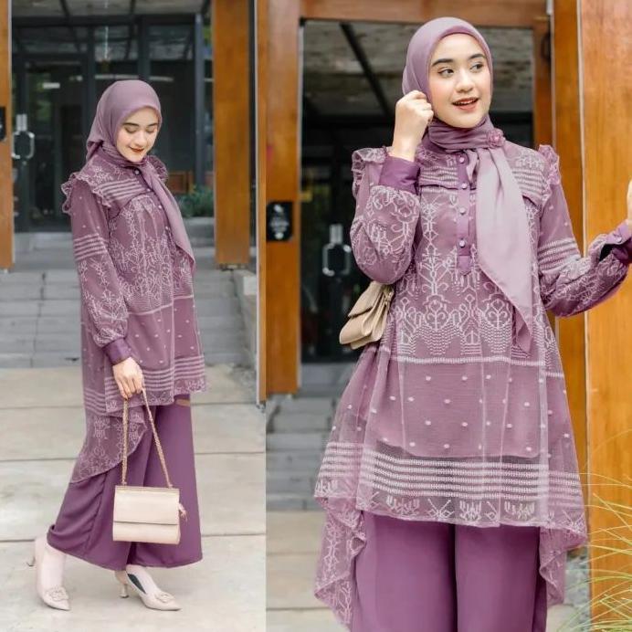 SALE BULAN INI Setelan Wanita Atasan Tunic Brukat, Celana Kulot Polos, Outfit Kondangan Kekinian