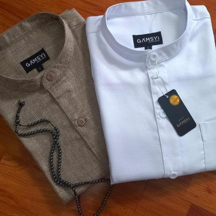 Baju koko linen Gamsyi LMH lengan panjang Polos Kerah Muslim Nyaman Putih Pria Dewasa