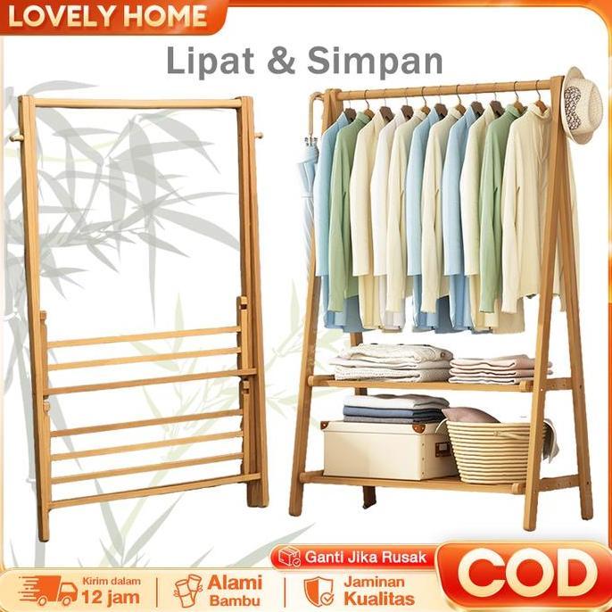LOVE Rak baju gantung lipat Rak pakaian bambu Tempat gantung baju portable Hanger baju minimalis unt