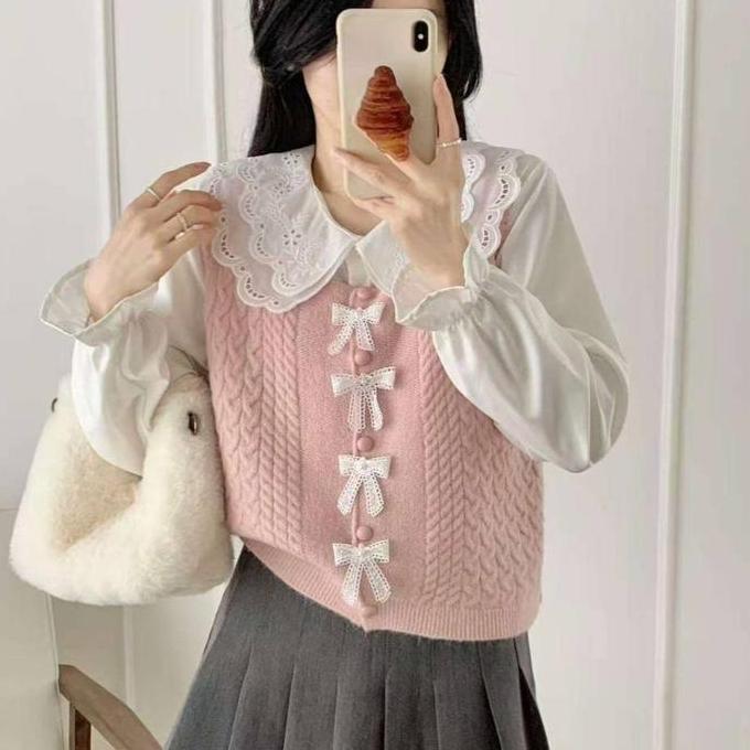GS - Atasan Vest Rajut Kemeja Satu Set Korea Fashion Girly OOTD | Rajutwear Cute Pita Pita Kerah Ren
