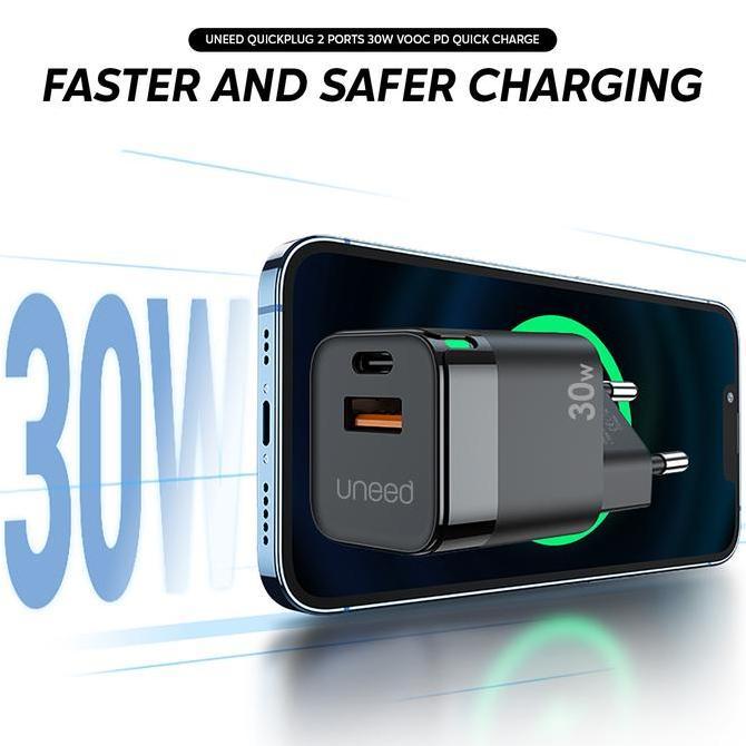 UNEED Mini Wall Fast Charger Dual Port 30W VOOC PD 3.0 QC PPS - UCH426