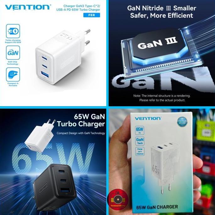 TERMURAH - Charger Vention 65W GaN FER adaptor fast charging PD support 45W 20W