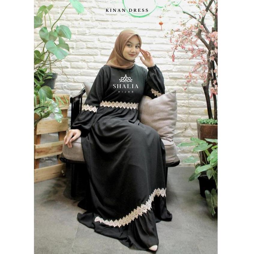 READY KINAN Dress Renda Bunga Cantik Dada Bawah Gamis Ceruty Babydoll Mewah Elegan Full Puring BUSUI
