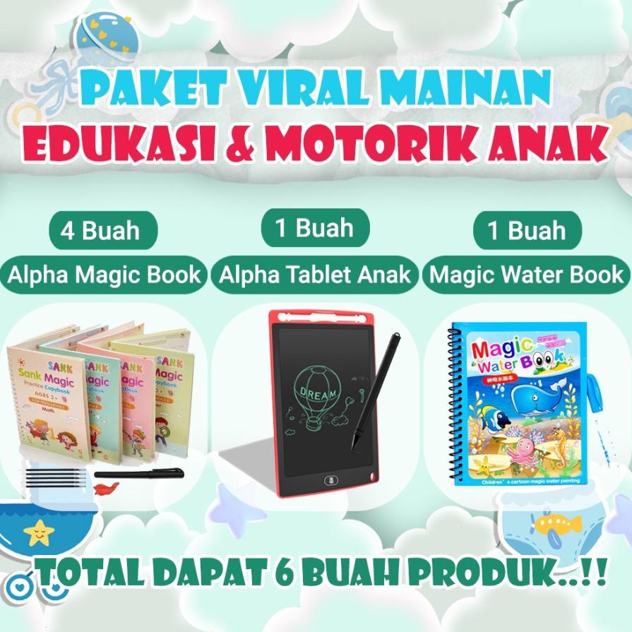 Premium Paket Viral Mainan Edukasi Dan Motorik Anak, 4 Magic Book, Tablet Lcd Drawing, Book Water Ma
