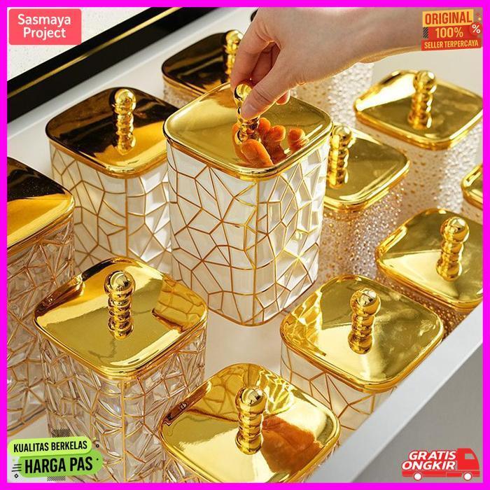 New Toples Titik Emas Set Mewah Toples Penyimpanan Makanan Toples Kue Lebaran Toples Plastik Aesthet
