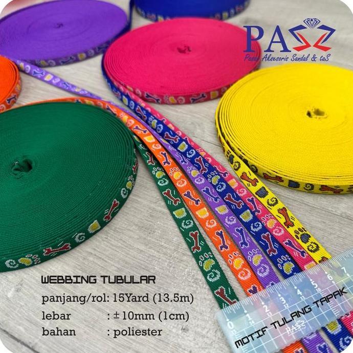 Webbing Tubular Polyester Motif Tulang Tapak 1 cm (Harga 1 rol)