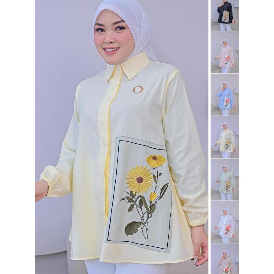 OVI Shirt - Kemeja Tunik Wanita Motif Bordir Bunga Matahari - Atasan Muslimah Premium
