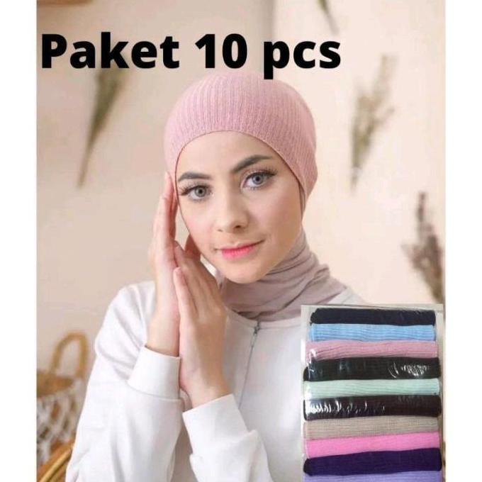 DF384 - Grosir 10 Pcs Ciput Rajut 1 Warna Daleman Hijab Wanita Muslimah Inner Kerudung Dalaman Turki