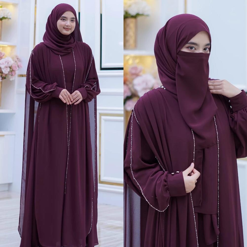 TERBARU MECCA Abaya Ceruty Babydoll Set Hijab Pashmina Dan Cadar Full Payet Mewah Elegan Gamis Wanit