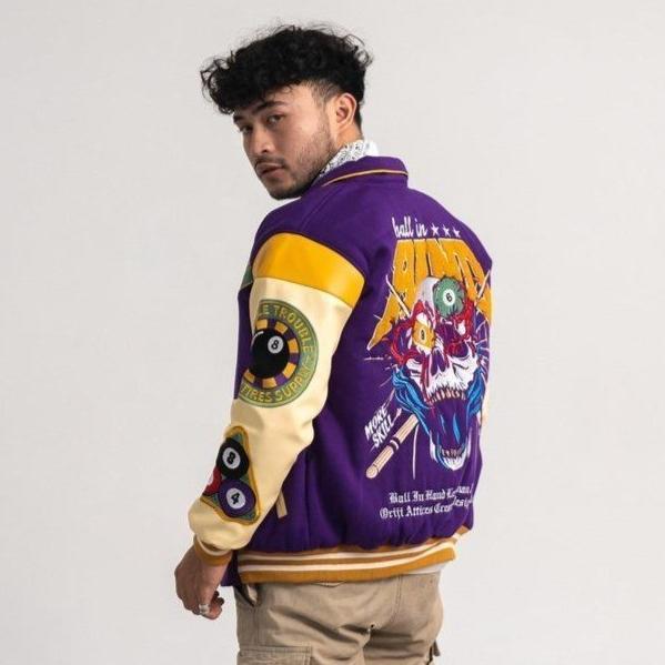 pengiriman cepat Orijiattires Jaket Varsity Pria Wanita Ball in Hand Full Bordir Fleece Kombinasi Ku