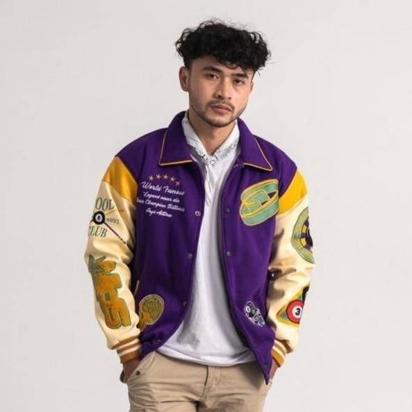 HOT DEALS Orijiattires Jaket Varsity Pria Wanita Ball in Hand Full Bordir Fleece Kombinasi Kulit Kar