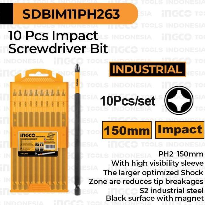 Grosir 10-Pcs Impact Screwdriver Bit (Ph2 150Mm) Ingco Sdbim11Ph263 Mata Obeng Plus Panjang Magnet M