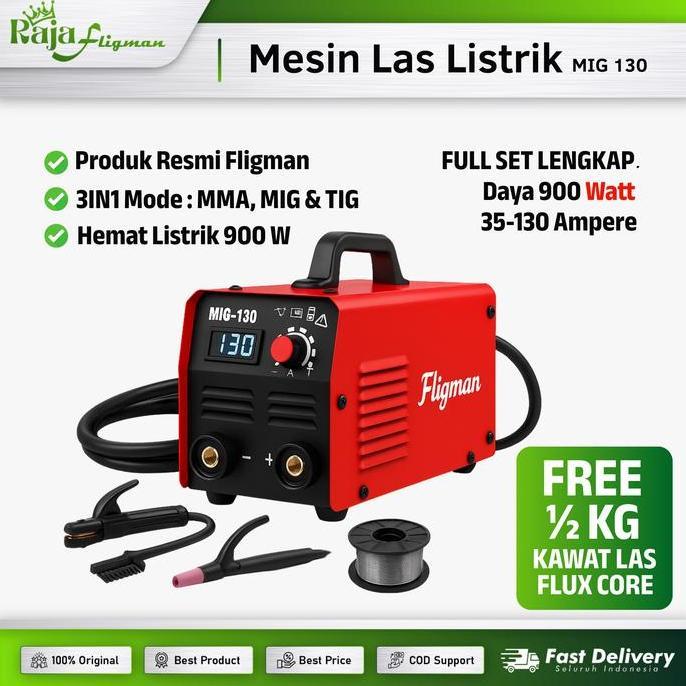 FLIGMAN MESIN LAS CO2 TANPA GAS MIG 130 TRAFO INVERTER WELDING GASLESS 3IN1 MODE MMA&MIG 130 900 WAT