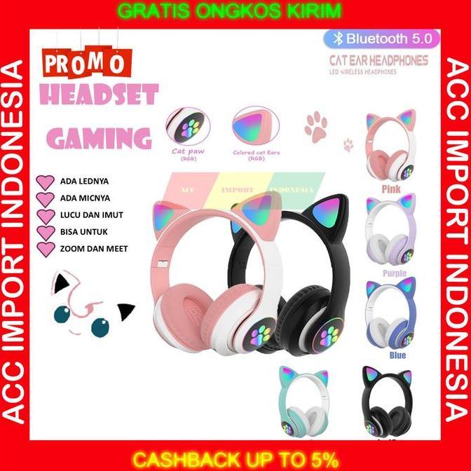 Headset Bluetooth Motif Telinga Kucing Stn Headphone Cat Ear Pink Zoom