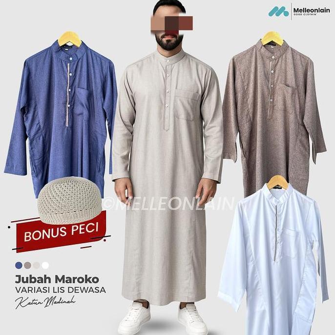 Gamis Pria Jubah Maroko Lis Garis Lengan Panjang Katun Madinah Kerah Mandarin Formal Melleonlain Mus