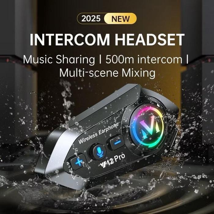 Intercom Y12 Pro Headset Helm Bluetooth 2 Way Intercom Water Resistant Ip56 Music Sharing 500M New D