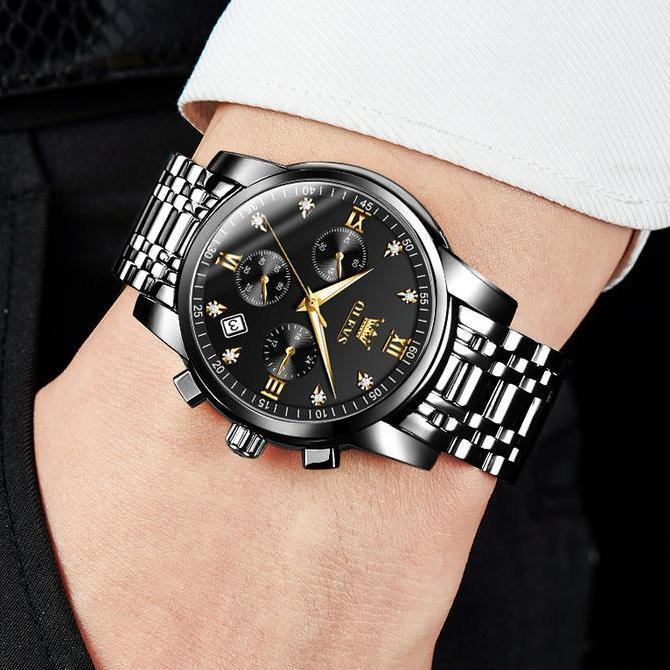 OLEVS Jam Tangan Pria Original Anti Air Tahan Led Sport Analog Chronograph Stainless Steel Watches M