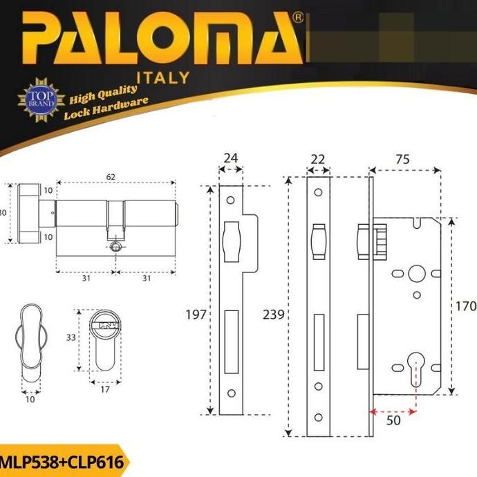 PALOMA MORTISE LOCK SET CYLINDER MLP 538 CLP 616 KNOB KUNCI BODY PELOR