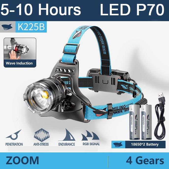 Senter Kepala Smiling Shark K225 P70 Cahaya Putih/Kuning Headlamp